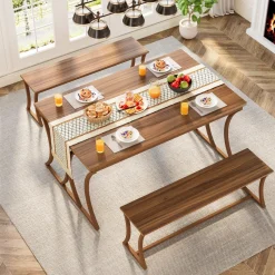 Tribesigns Dining Tables*4-Piece 51-Inch Dining Table Set with 2 Benches & Table Runner