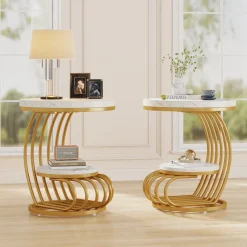 Tribesigns End & Side Tables*Round End Table, 2 Tiers Faux Marble Side Table with Storage Shelf