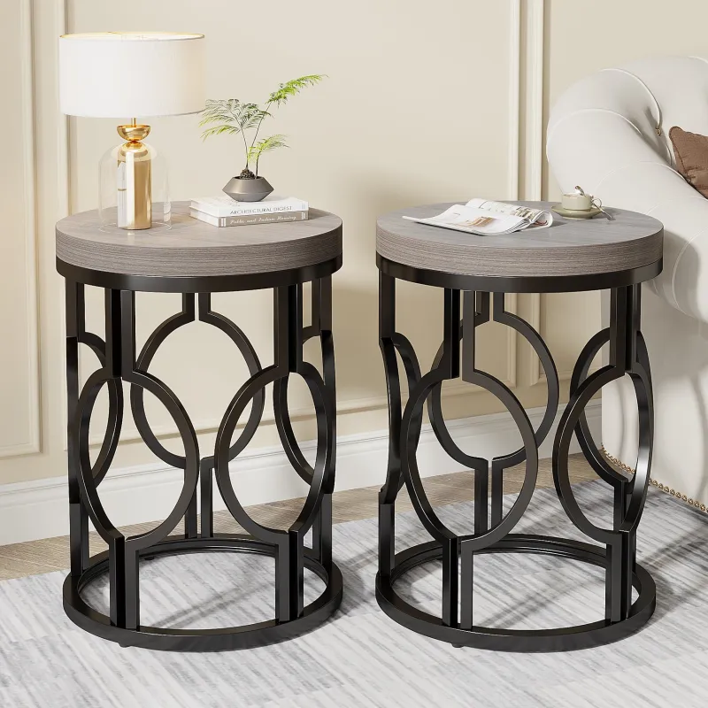 Tribesigns End & Side Tables*Round End Table, Industrial Side Table with Metal Hollow Frame