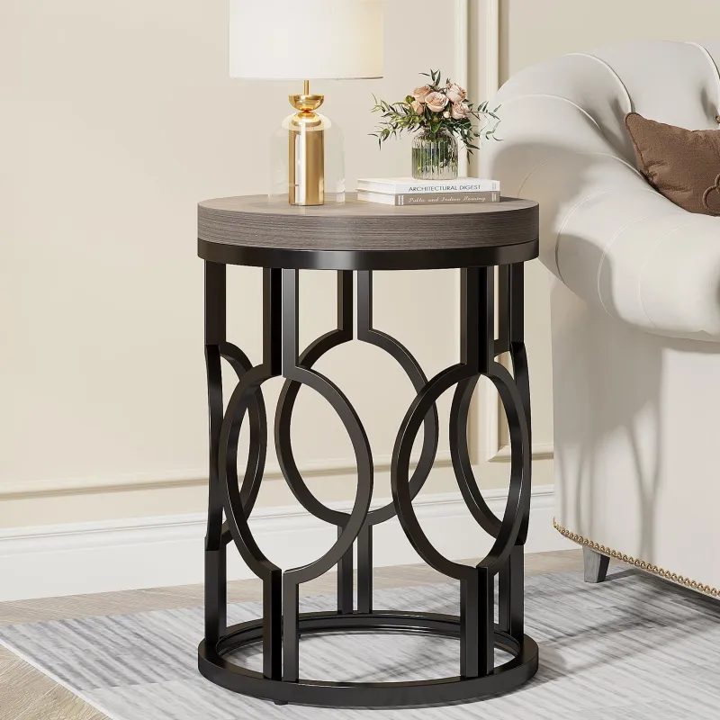 Tribesigns End & Side Tables*Round End Table, Industrial Side Table with Metal Hollow Frame