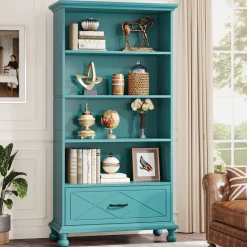Tribesigns Etagere|Etagere*6-Shelf Bookcase with Drawer, 71" Bookshelf with Solid Wood Legs