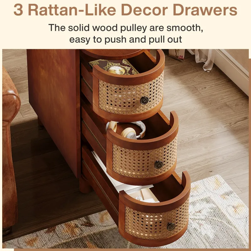 Tribesigns Nightstands*Solid Wood End Table, 3 - Drawer Side Table NightStand with 3 Rattan Drawers