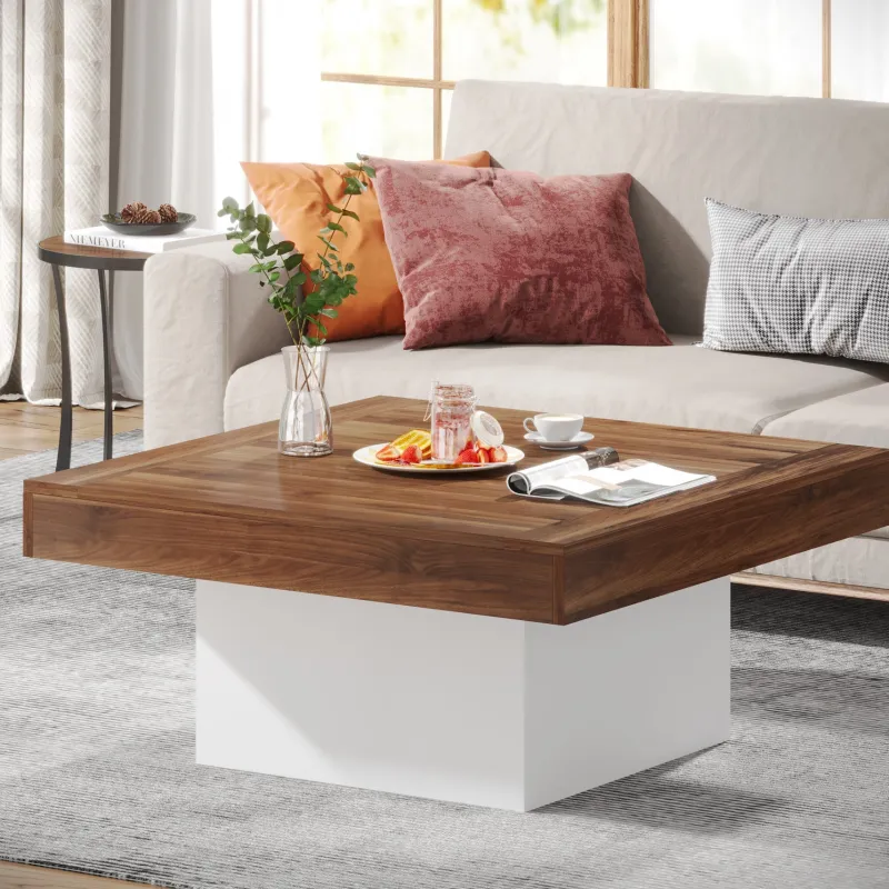 Tribesigns Coffee Tables*Square Coffee Table, Farmhouse Wood Cocktail Table with LED Light