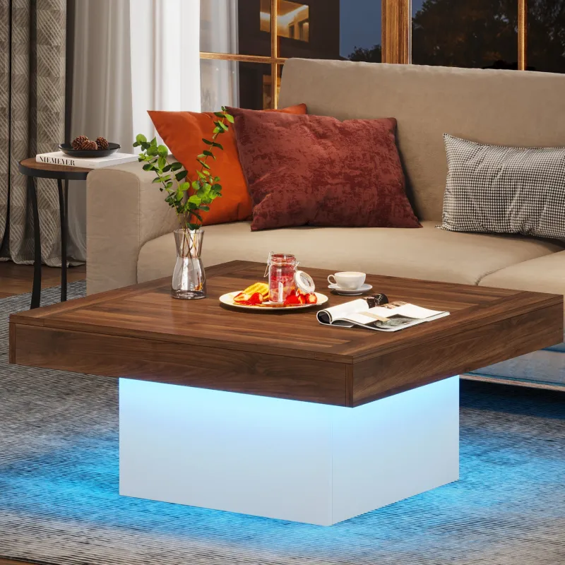 Tribesigns Coffee Tables*Square Coffee Table, Farmhouse Wood Cocktail Table with LED Light