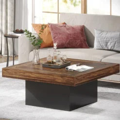 Tribesigns Coffee Tables*Square Coffee Table, Farmhouse Wood Cocktail Table with LED Light