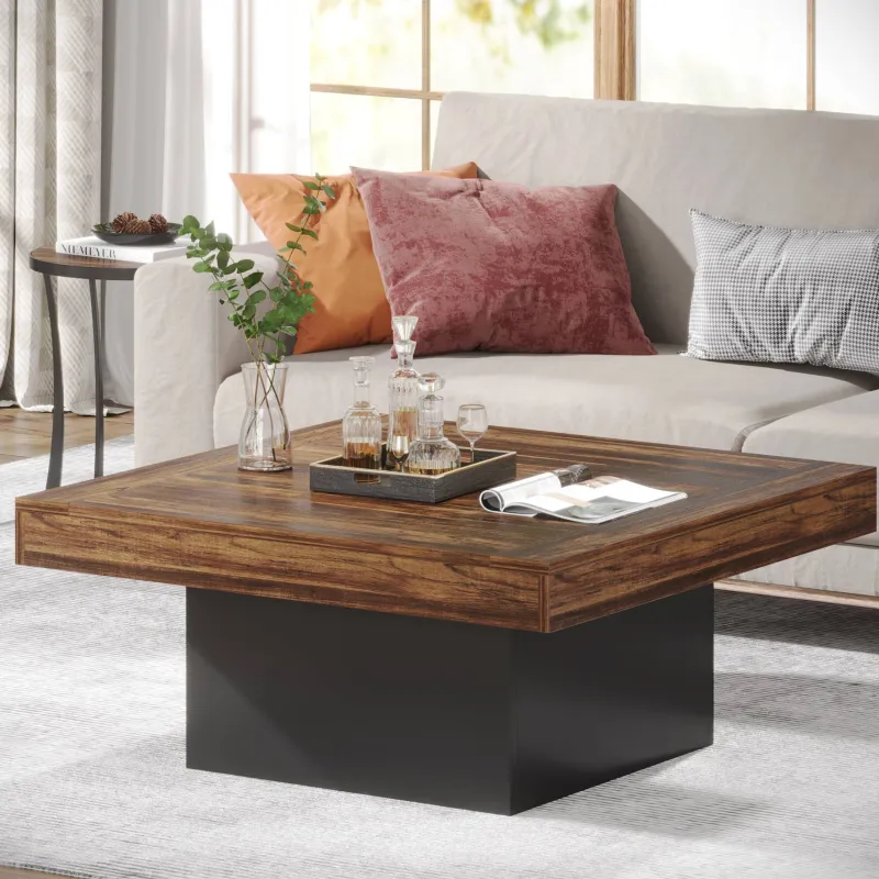 Tribesigns Coffee Tables*Square Coffee Table, Farmhouse Wood Cocktail Table with LED Light