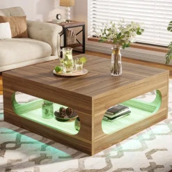 Tribesigns Coffee Tables*2-Tier Coffee Table, Wood Square Center Tea Table with LED Strip Light
