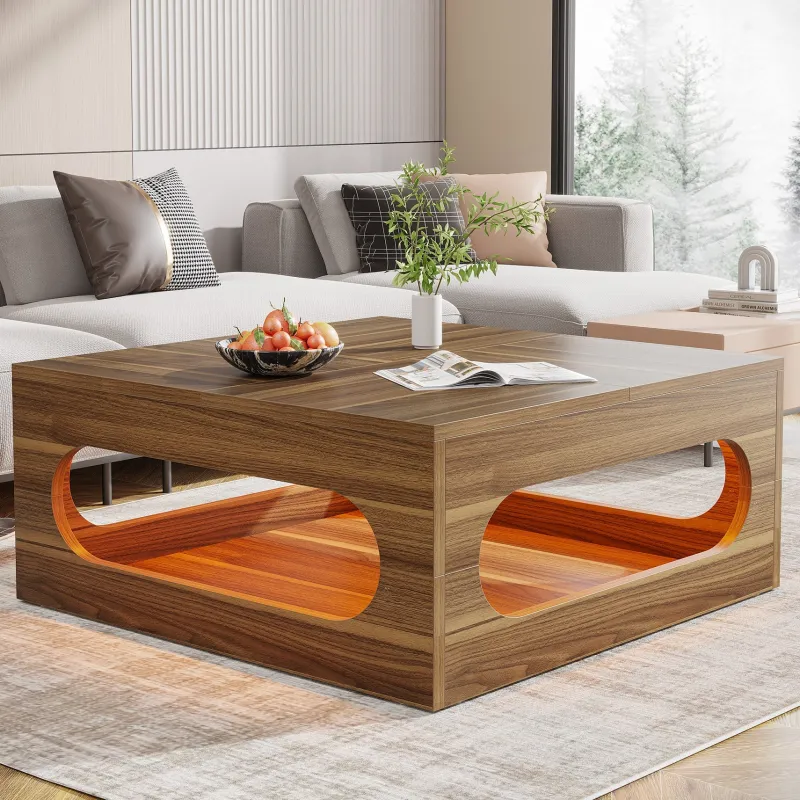 Tribesigns Coffee Tables*2-Tier Coffee Table, Wood Square Center Tea Table with LED Strip Light
