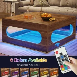 Tribesigns Coffee Tables*2-Tier Coffee Table, Wood Square Center Tea Table with LED Strip Light