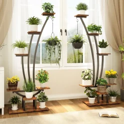 Tribesigns Plant Stands|Plant Stands*6-Tier Plant Stand Pack of 2, Metal Curved Display Shelf with 2 Hanging Hooks