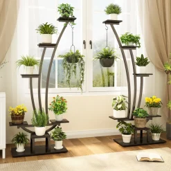 Tribesigns Plant Stands|Plant Stands*6-Tier Plant Stand Pack of 2, Metal Curved Display Shelf with 2 Hanging Hooks