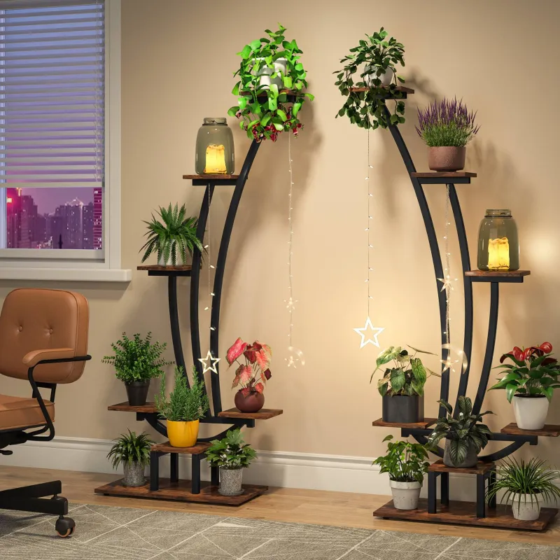 Tribesigns Plant Stands|Plant Stands*6-Tier Plant Stand Pack of 2, Metal Curved Display Shelf with 2 Hanging Hooks