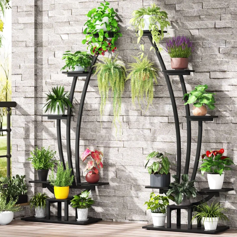 Tribesigns Plant Stands|Plant Stands*6-Tier Plant Stand Pack of 2, Metal Curved Display Shelf with 2 Hanging Hooks