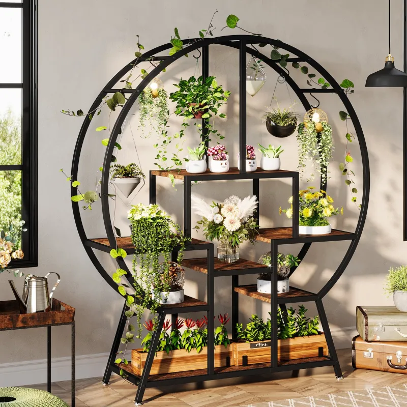 Tribesigns Plant Stands|Plant Stands*7-Tier Round Plant Stand, 65" Tall Plant Shelf with 6 S Hanging Hooks