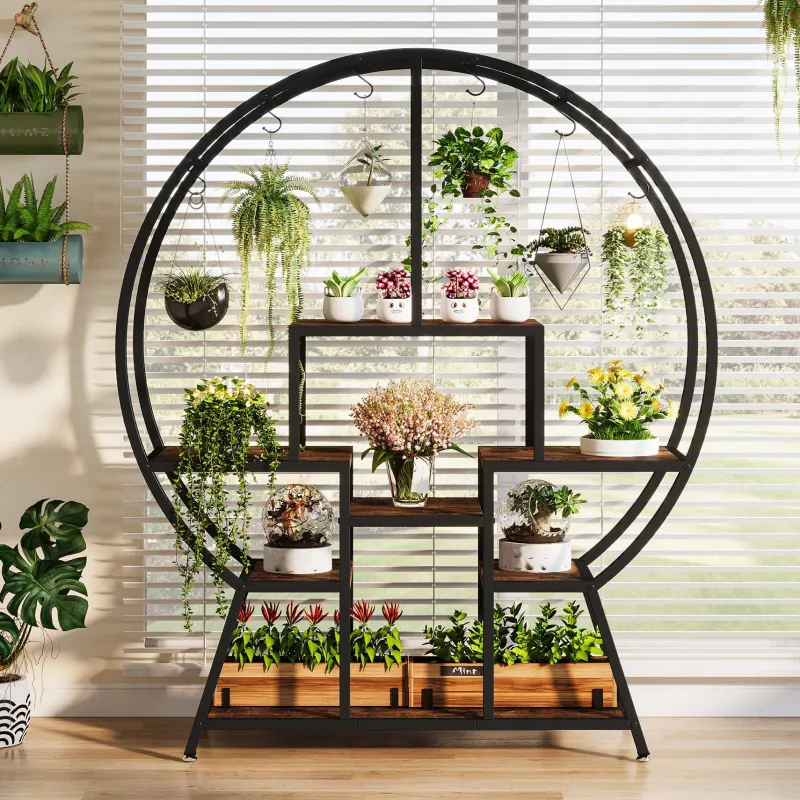 Tribesigns Plant Stands|Plant Stands*7-Tier Round Plant Stand, 65" Tall Plant Shelf with 6 S Hanging Hooks