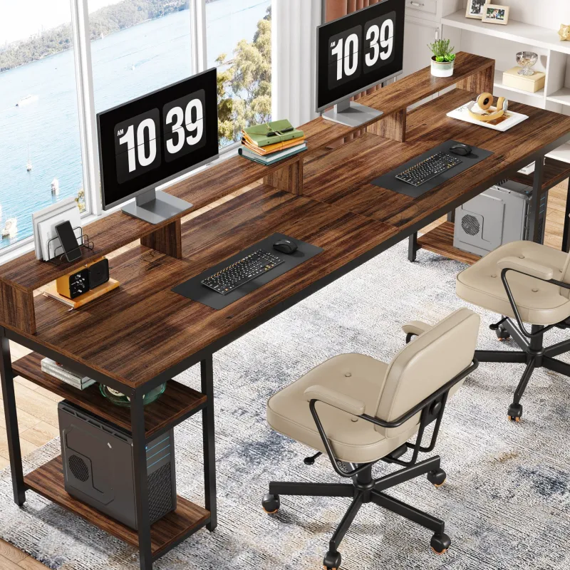 Tribesigns Desks*Two Person Desk, 78.7" Computer Desk With Monitor Stand and 4 Open Shelf