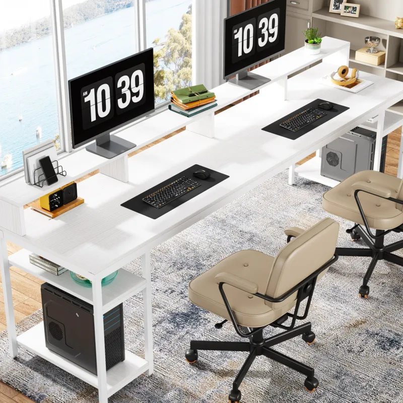 Tribesigns Desks*Two Person Desk, 78.7" Computer Desk With Monitor Stand and 4 Open Shelf