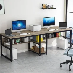 Tribesigns Desks*Two Person Desk, Computer Desk Double Workstation with Shelves