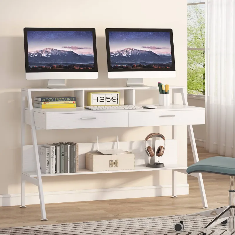 Tribesigns Desks*White Computer Desk, 47" Writing Desk with Storage Shelf & Drawers