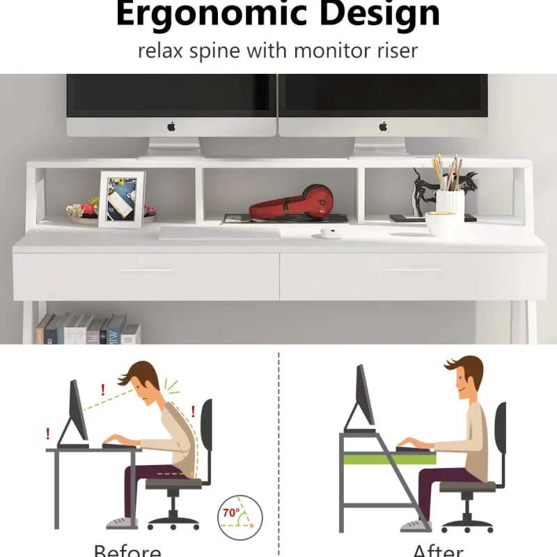 Tribesigns Desks*White Computer Desk, 47" Writing Desk with Storage Shelf & Drawers