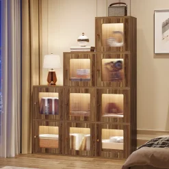 Tribesigns Bookcases & Bookshelves|Bookcases & Bookshelves*Wood Bookshelf, 63" High Bookcase Etagere 9 Cubes With LED Lights