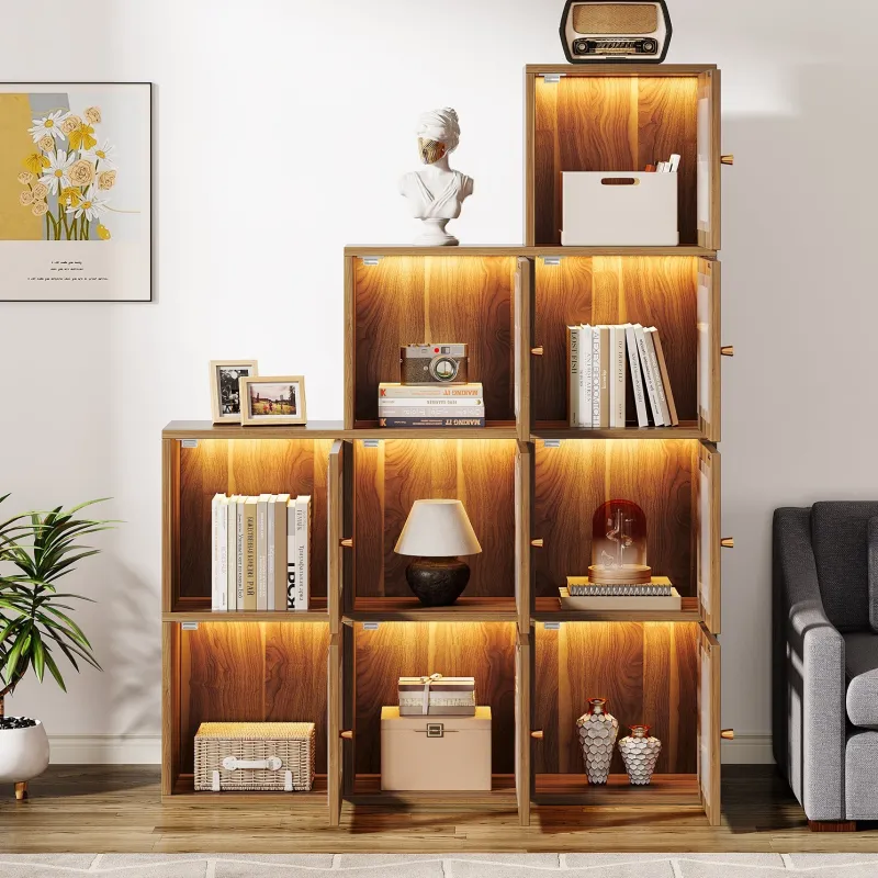 Tribesigns Bookcases & Bookshelves|Bookcases & Bookshelves*Wood Bookshelf, 63" High Bookcase Etagere 9 Cubes With LED Lights