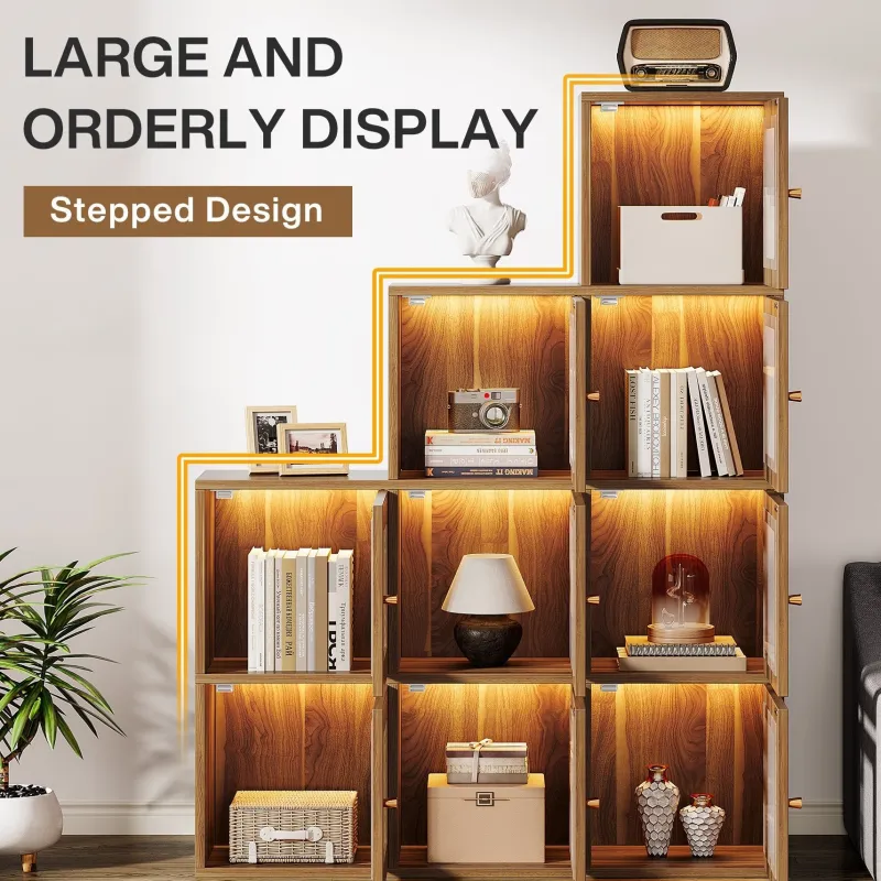 Tribesigns Bookcases & Bookshelves|Bookcases & Bookshelves*Wood Bookshelf, 63" High Bookcase Etagere 9 Cubes With LED Lights