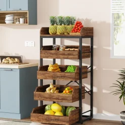 Tribesigns Baker's Racks|Baker's Racks*Wood Fruit and Vegetable Storage Rack Basket Stand with 5 Drawers