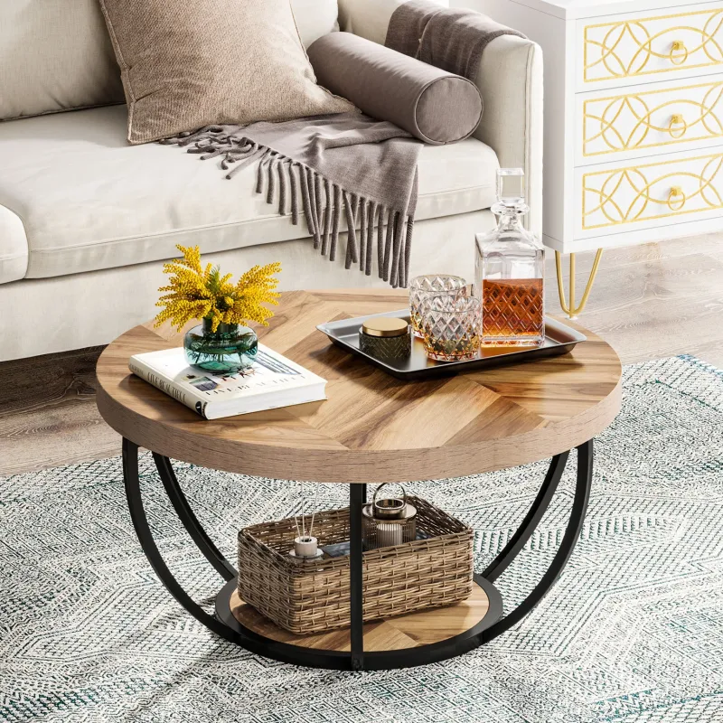 Tribesigns Coffee Tables*Wooden Coffee Table, 2-Tier Round Central Cocktail Table with Shelves