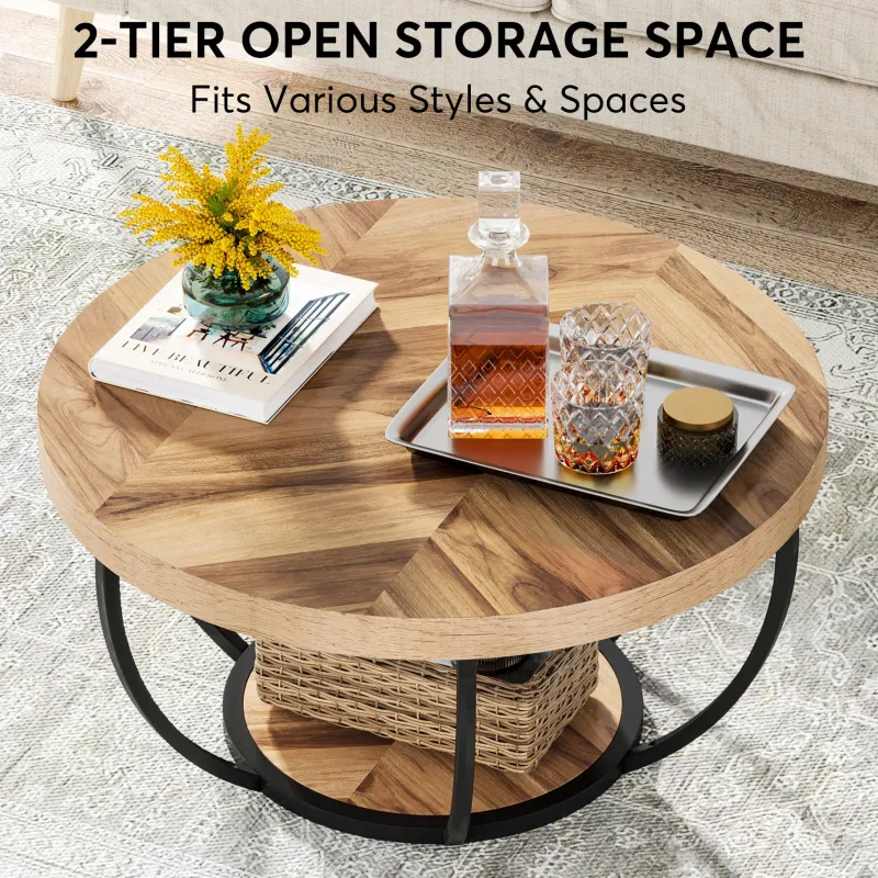 Tribesigns Coffee Tables*Wooden Coffee Table, 2-Tier Round Central Cocktail Table with Shelves