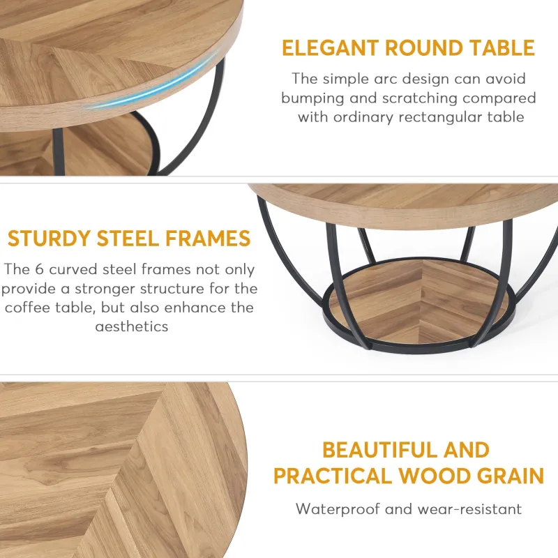 Tribesigns Coffee Tables*Wooden Coffee Table, 2-Tier Round Central Cocktail Table with Shelves
